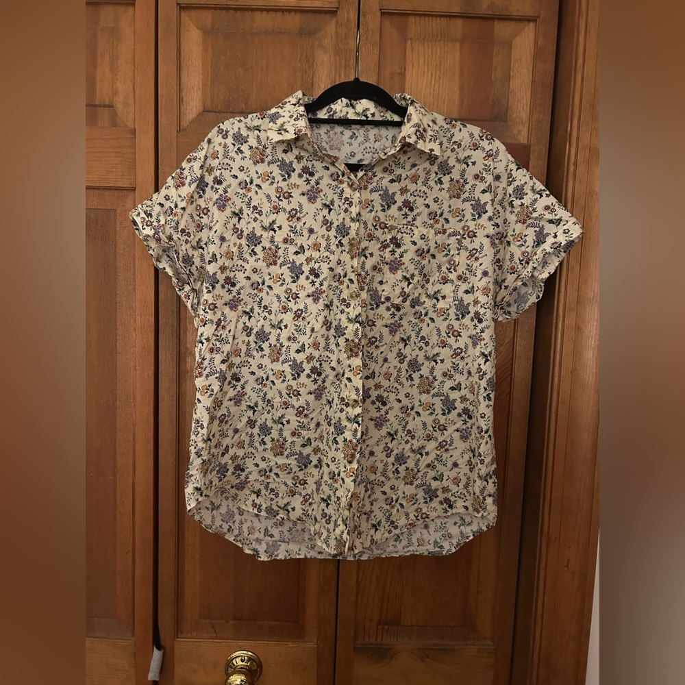 Women's Cream Floral Cotton Bohemian Slouchy Oversized Approx Sz L/XL Blouse